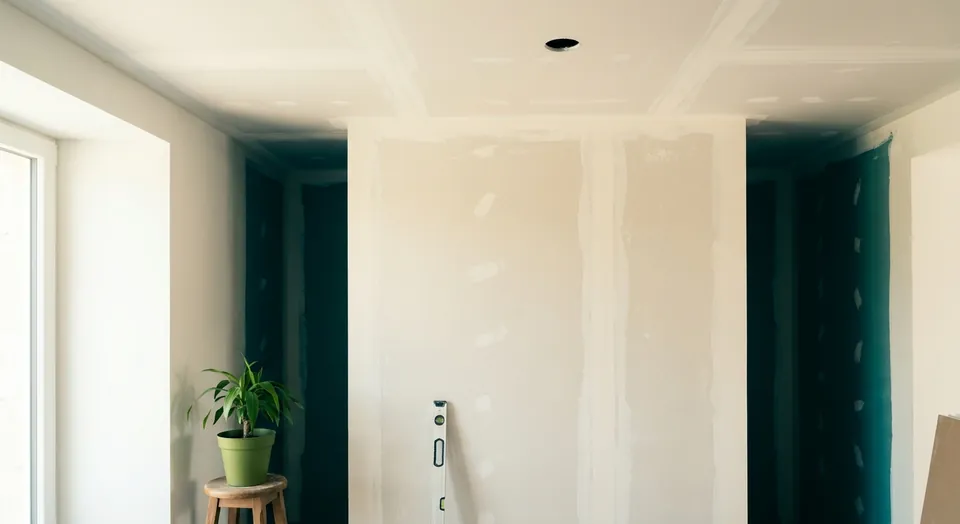 Cloison et plafond en plaques de plâtre fraîchement posés, joints bandés prêts à peindre