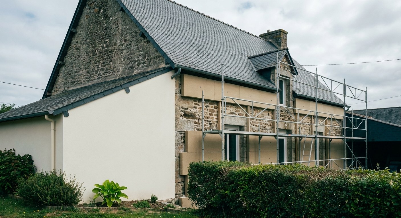 Panneaux isolants posés sur une façade et première passe d'enduit armé, échafaudage au premier plan